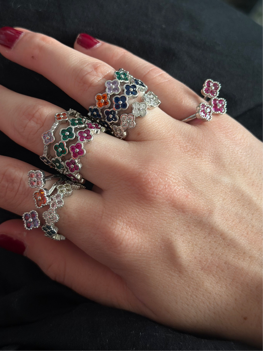 Anillo Trio Estefania Plateado Rubi